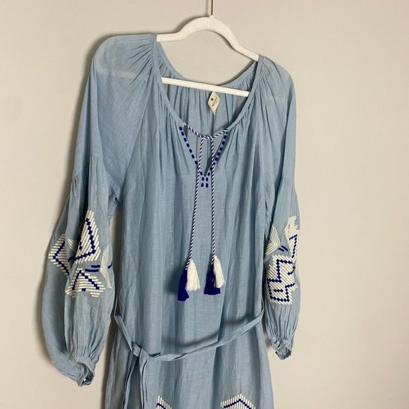 Benaras by Citrus Embroidered Boho Maxi Dress Blue Long Balloon Sleeves Belted - Picture 7 of 11